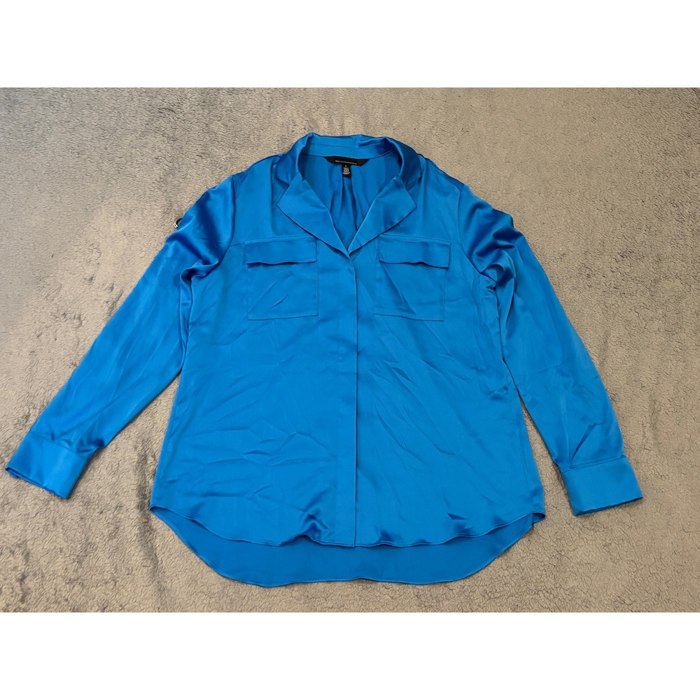 White House Black Market Blue Satin Long Sleeve Button Down Blouse Small
